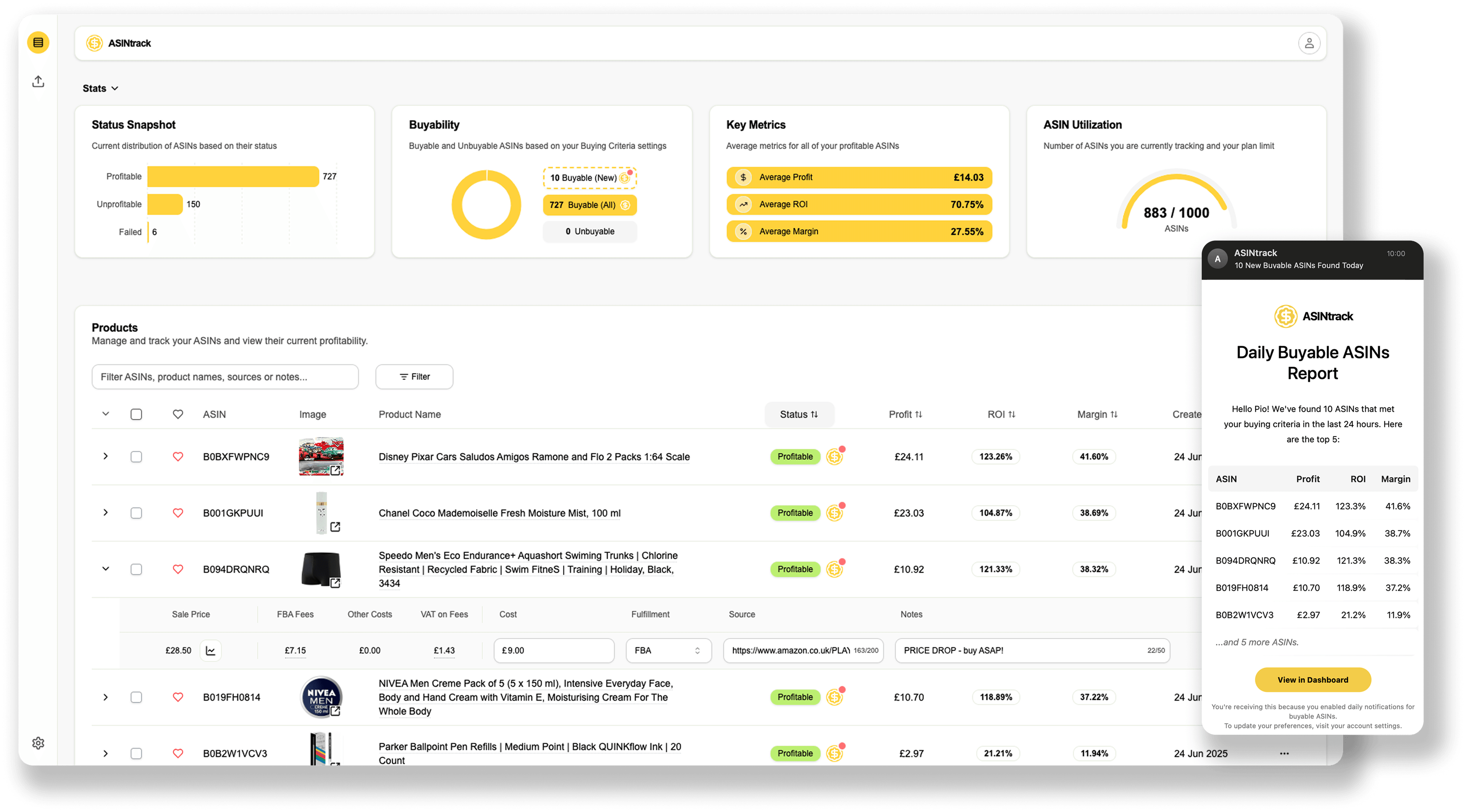 A screenshot of the main dashboard of the ASINtrack application.